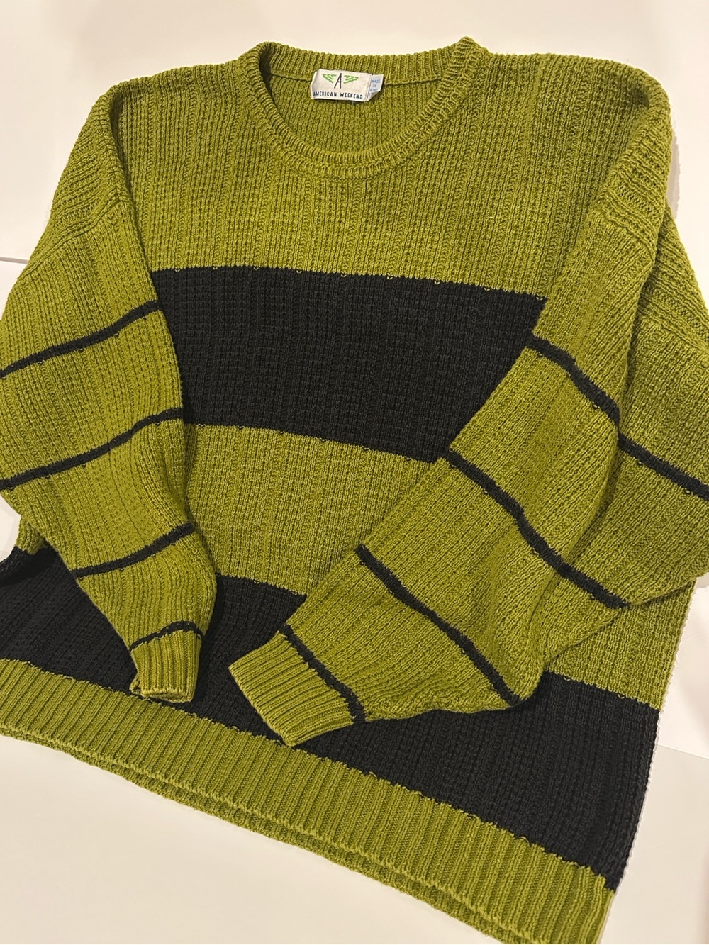 Vintage American Weekend Green Navy Striped Knit Sweater 90s Grunge Men’s XXL